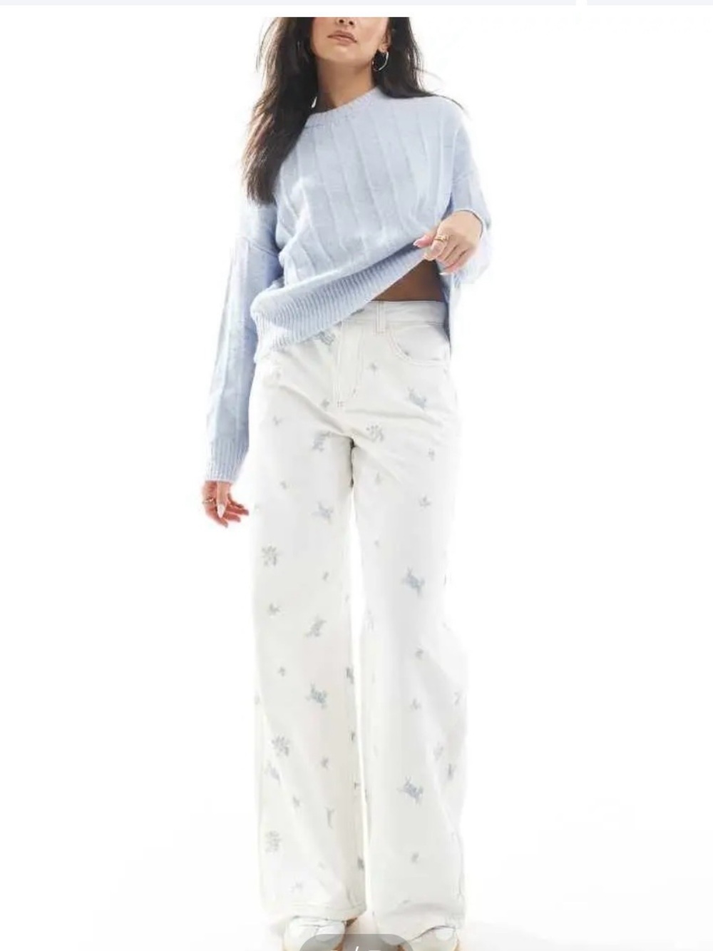 Cotton On White Relaxed Wide Jeans with Blue Floral Print